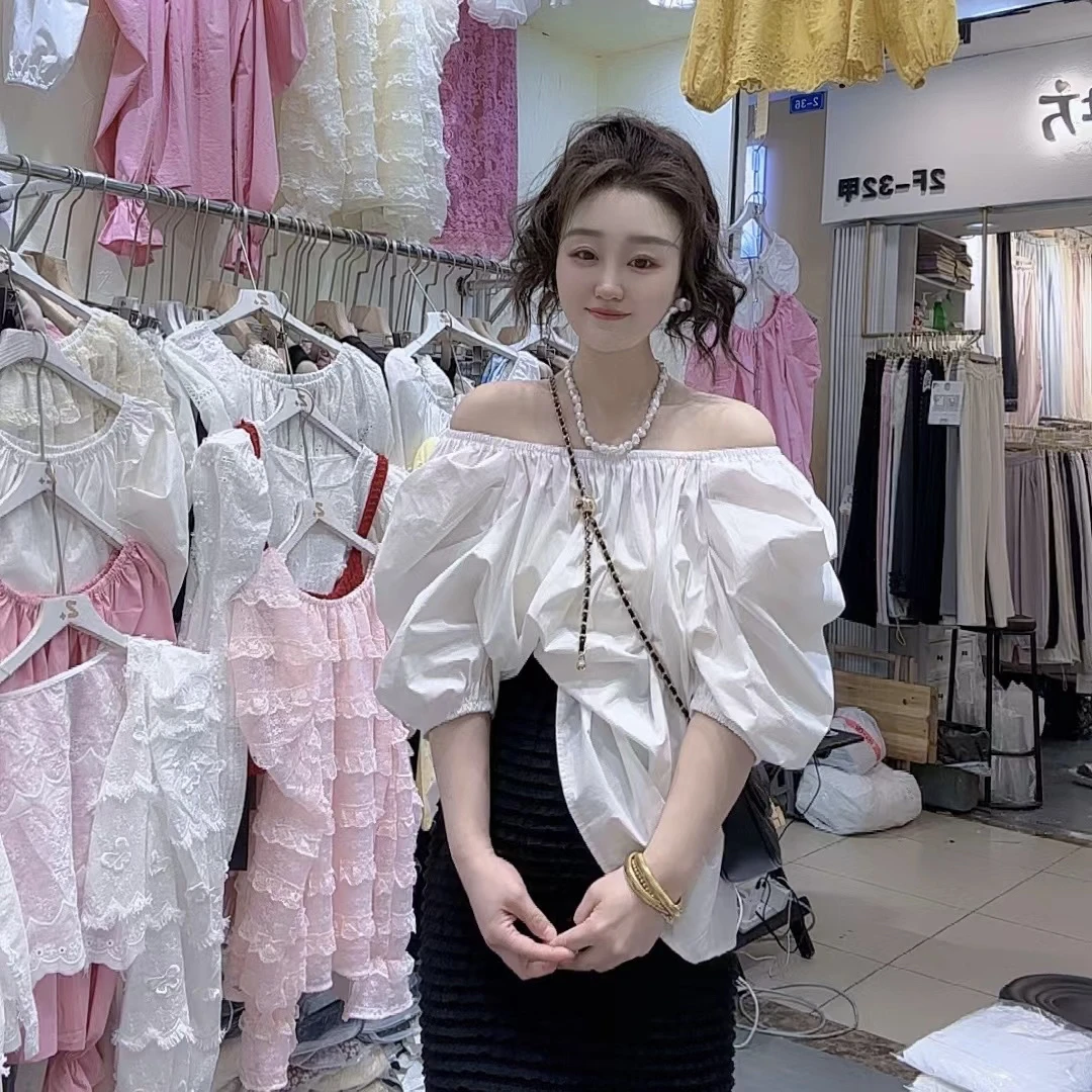 新品韩版短袖一字肩衬衫设计感夏季甜美