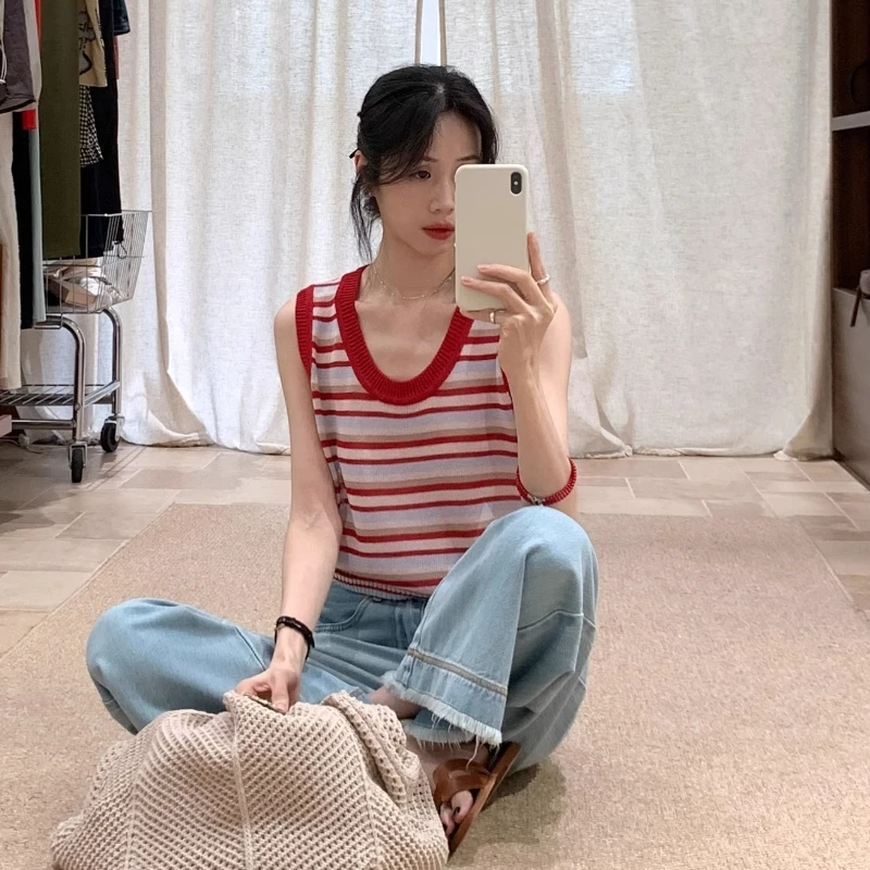 红色条纹针织吊带背心女装夏季新款网红洋气无袖上衣独特漂亮小衫