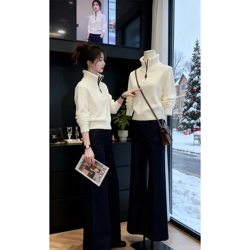 时尚拉链白色毛衣女款2025爆款秋冬设计感针织衫高领卫衣洋气上衣