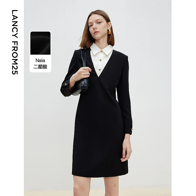 朗姿醋酸裙子气质法式2025年春新款小香风高级感气质小黑裙欧若风
