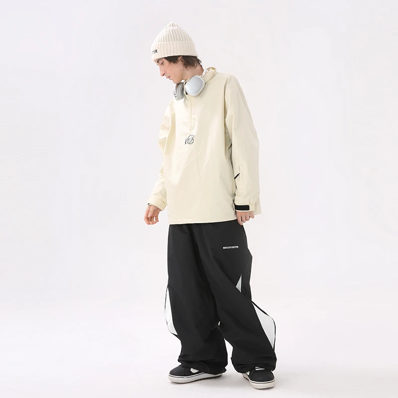 molocoster清仓宽松滑雪服套装防水防风流萤珠光嫩黄+棕格背带