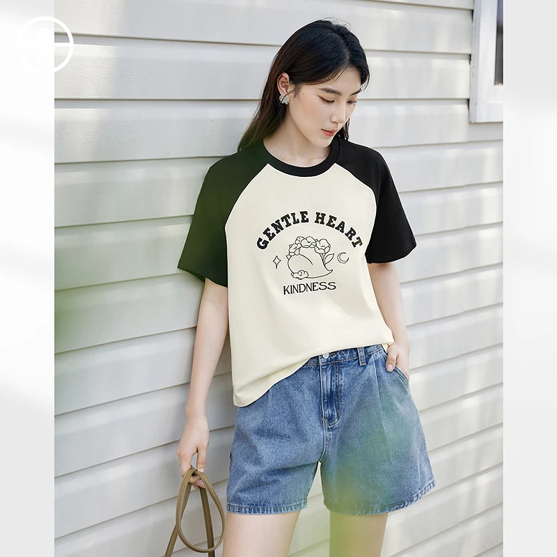 AN大码女装美式复古印花短袖T恤夏季微胖mm设计感插肩袖纯棉体恤
