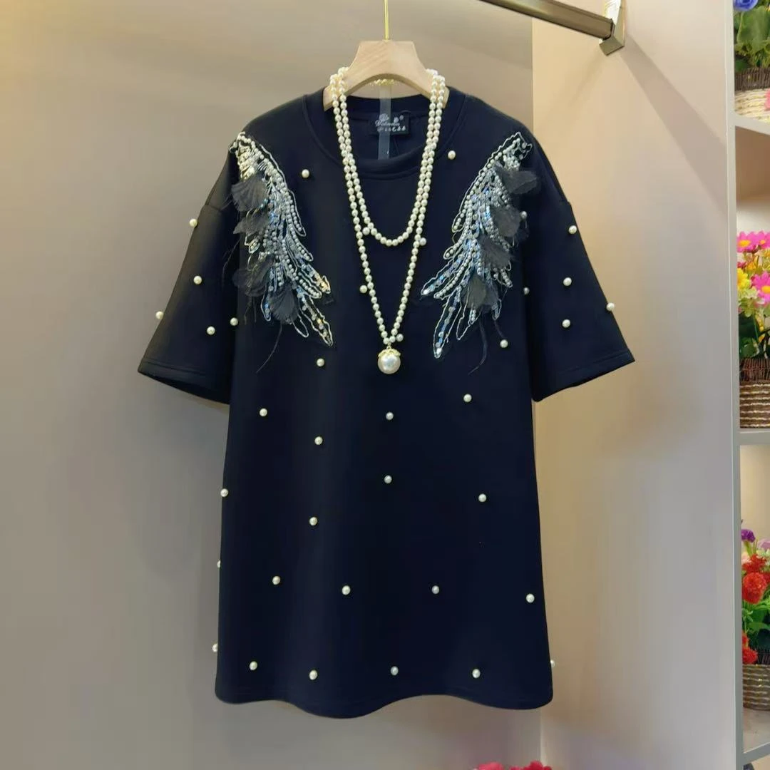 法式小众原创设计款羽毛钉珠宽松T恤衣长78左右