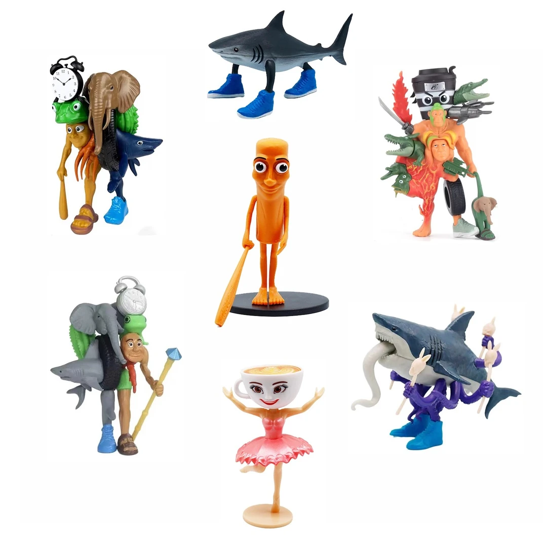 外国山海经手办融合怪五帝王原始人模型木棍人三脚鲨鱼摆件玩具