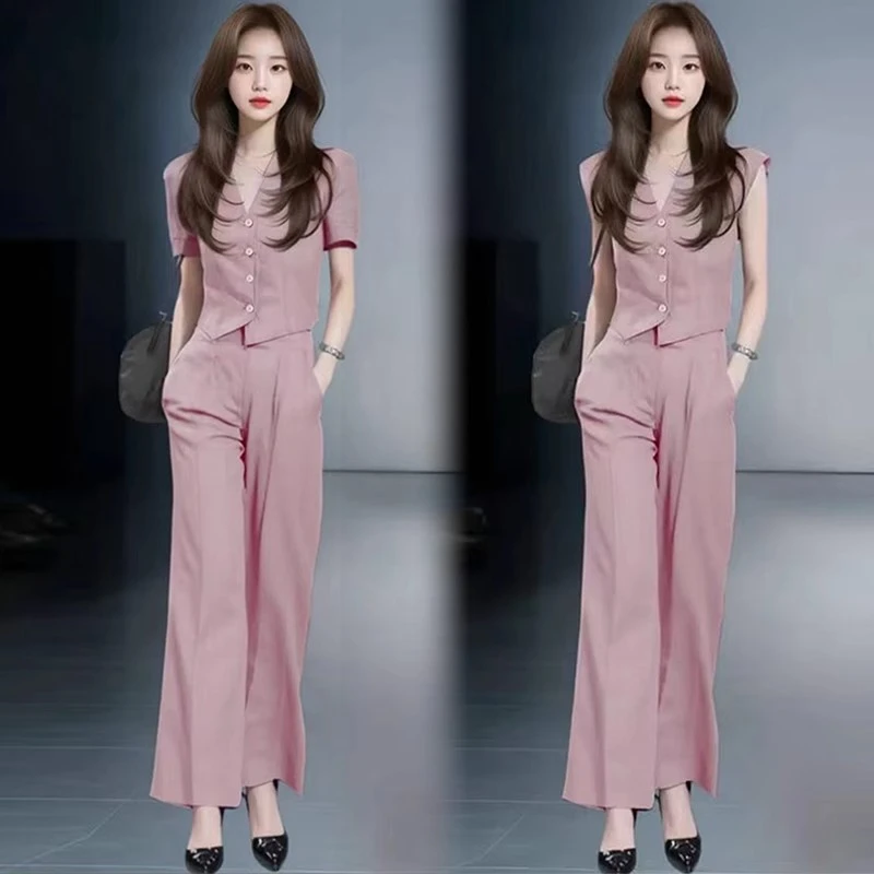 时尚套装女2025夏季新款洋气质减龄V领短袖上衣阔腿裤休闲两件套