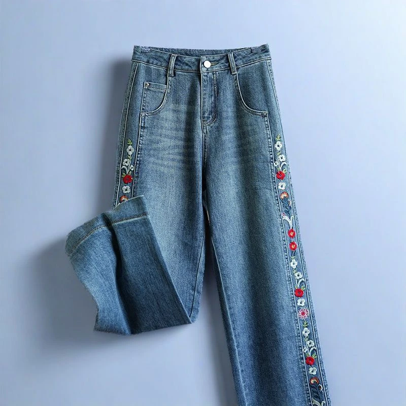国风直筒牛仔裤女新款两侧花型重工刺绣新中式穿搭高腰阔腿裤长裤