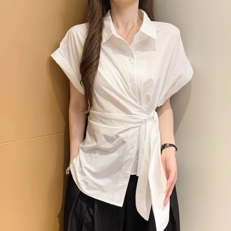 大码时尚减龄Polo领正肩衬衫绑系带短袖t恤女夏季百搭显瘦上衣ins