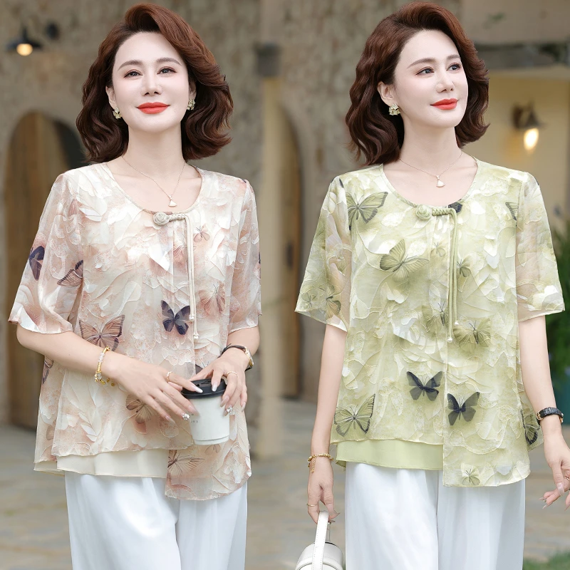 时尚妈妈夏季洋气衬衫2025新款中老年女装优雅减龄气质上衣套装