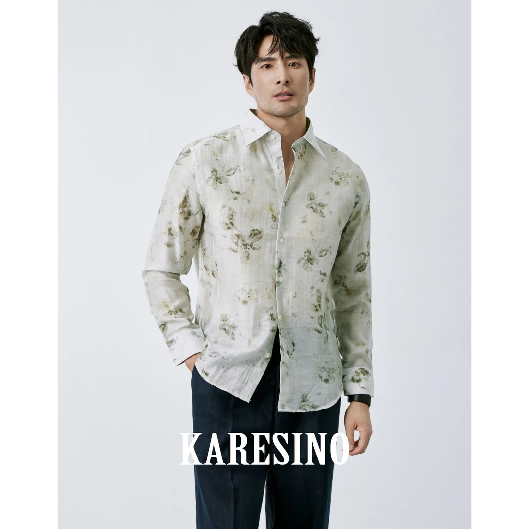 KARESINO高档天丝莱赛尔亚麻透气印花衬衫男士休闲时尚长袖衬衣男