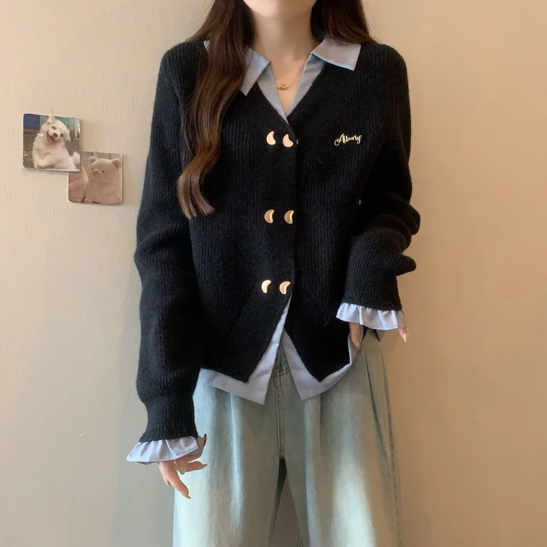 大码胖mm秋季新款polo领假两件宽松上衣设计感刺绣开衫毛衣外套女