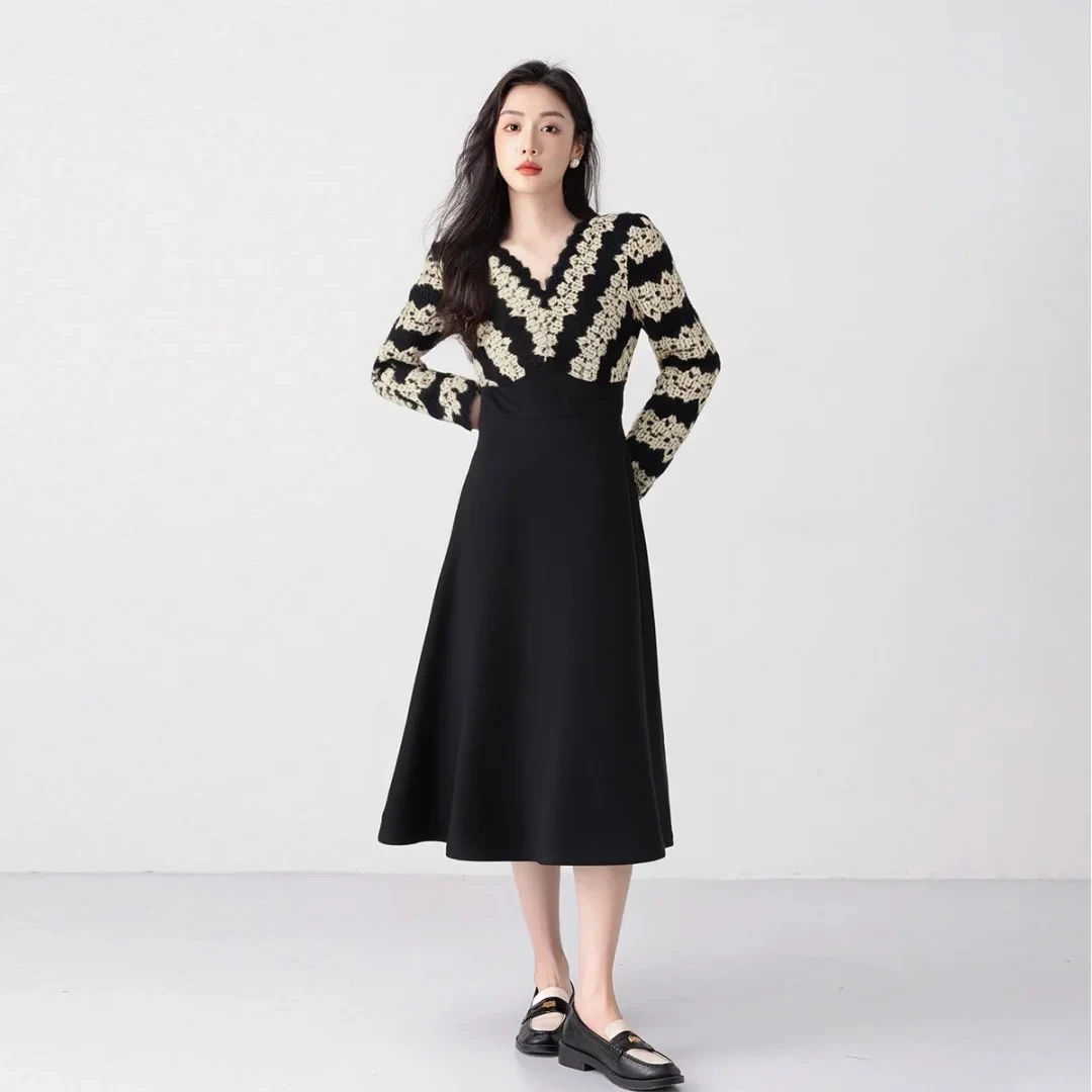 L 009拼接秋款气质轻奢时尚优雅长袖连衣裙