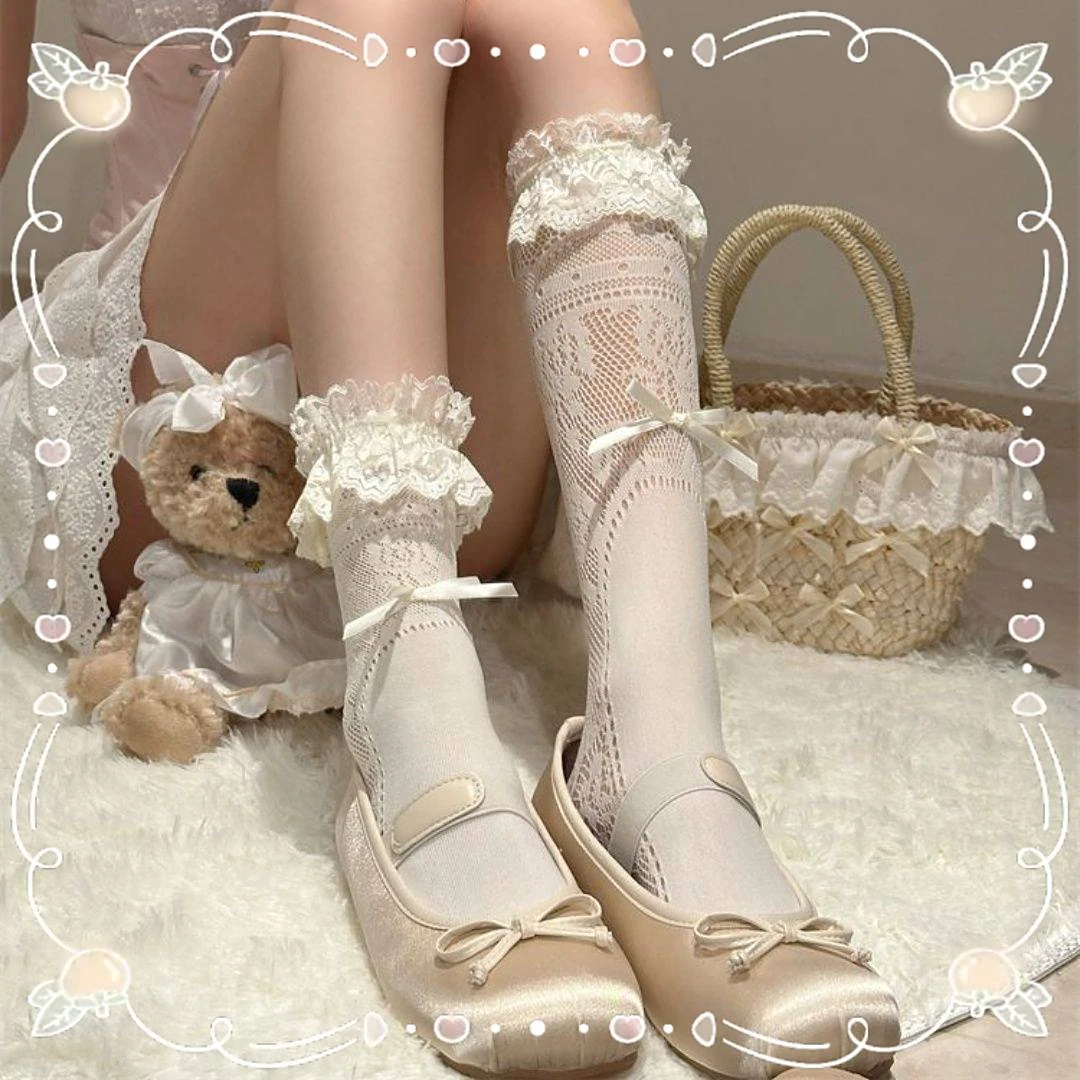 洛丽塔蕾丝花边蝴蝶结少女中筒袜子日系缕空芭蕾风百搭小腿堆堆袜