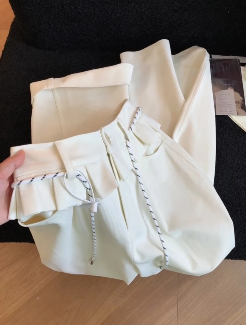 白色荷叶边直筒休闲裤女2025新款春季花边设计感高腰显瘦裤子