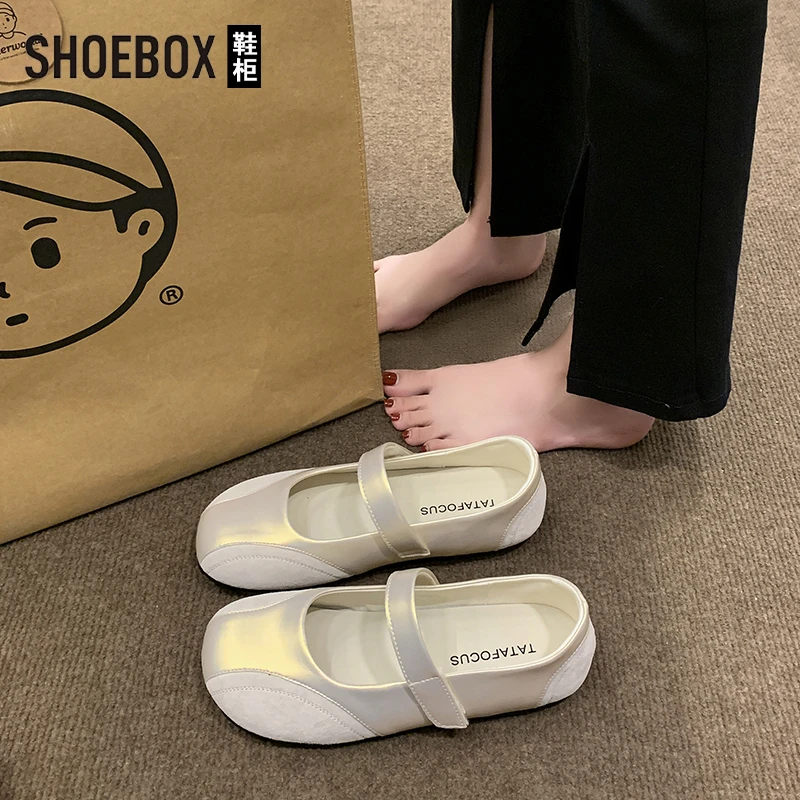 SHOEBOX鞋柜法式平底玛丽珍鞋女夏新款魔术贴方头休闲芭蕾单鞋