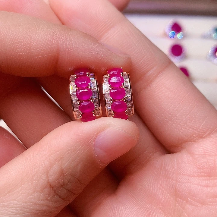 红宝石耳饰银S925镶嵌