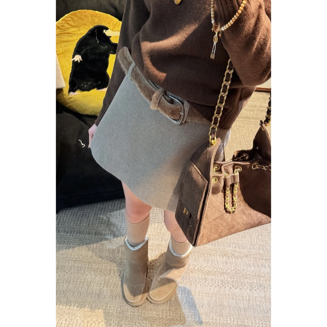 PCNY丨不理理「冬呢序语」简约百搭带腰带A字中腰显瘦半身裙女