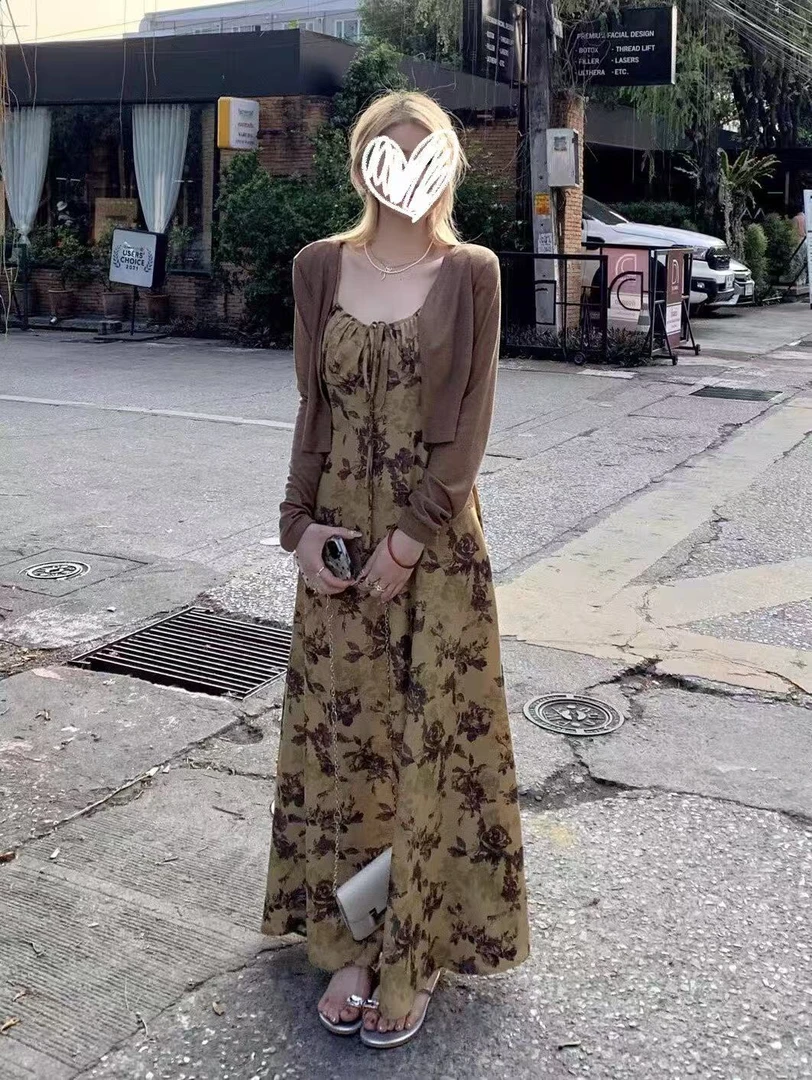 大码女装早秋新款美拉德风外披显瘦高腰时尚吊带连衣裙两件套