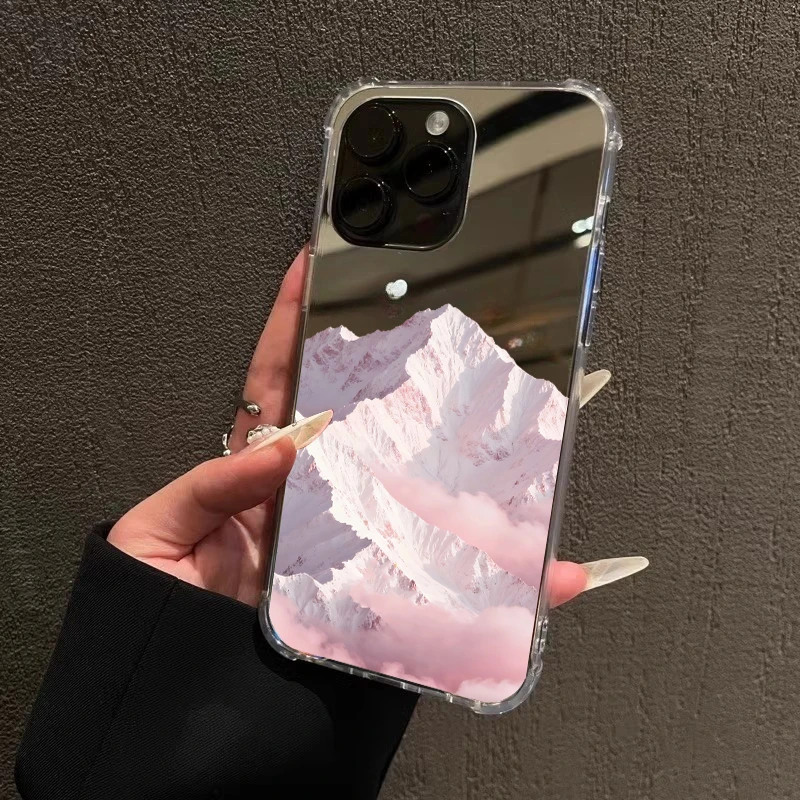 粉白山海手机壳适用iPhone17promax镜面苹果14少女粉雪山13161215