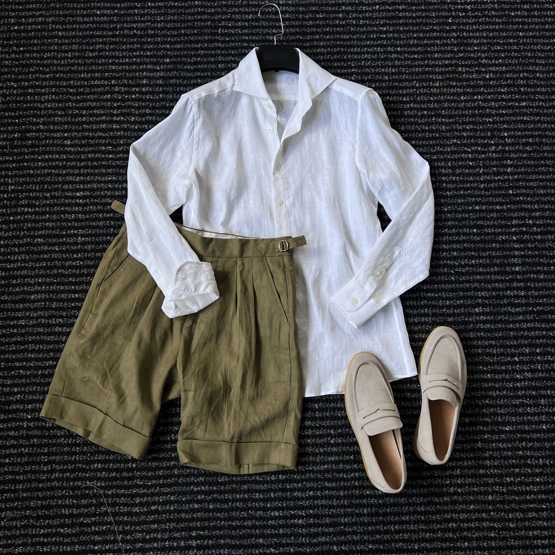 CssuGent夏季经典老钱风100%亚麻雨露麻衬衫男松弛感舒适老钱衬衣