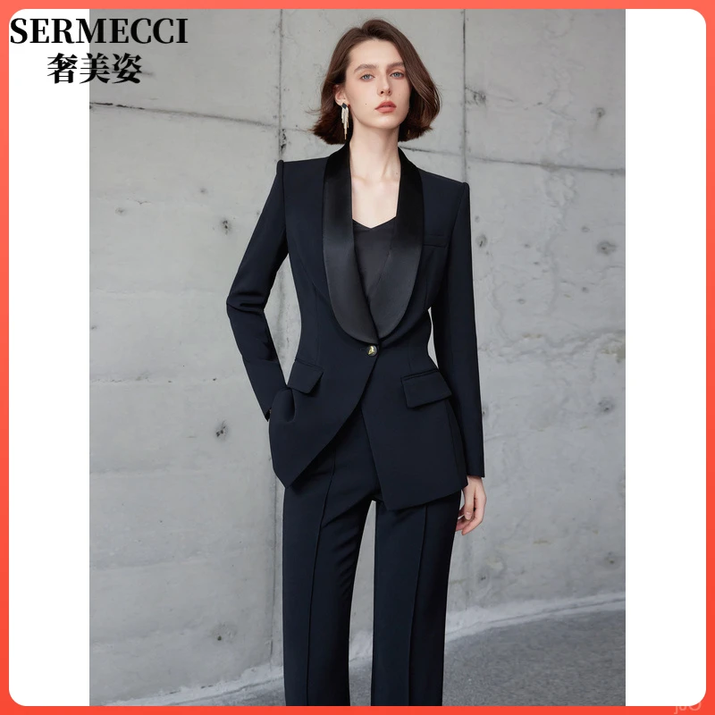 高端轻奢优雅时尚领套装女Ceo风格修身阔腿裤工作服职业装两件套