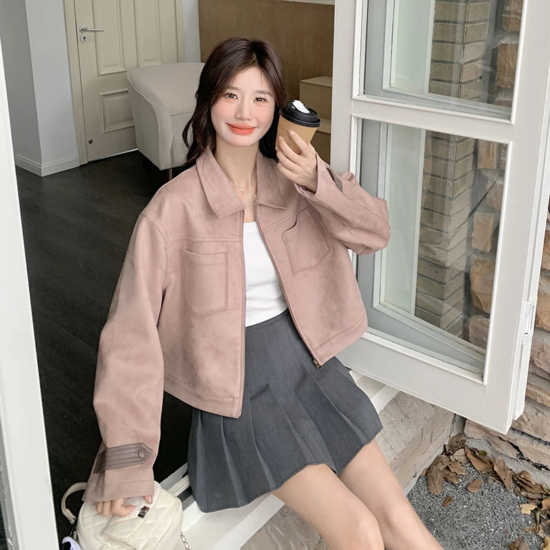 今年流行爆款时尚洋气粉色鹿皮绒短外套女2025春秋新款高级感上衣