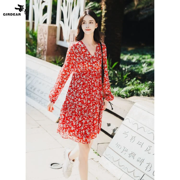 哥弟 V领浪漫印花长袖连衣裙150002长款
