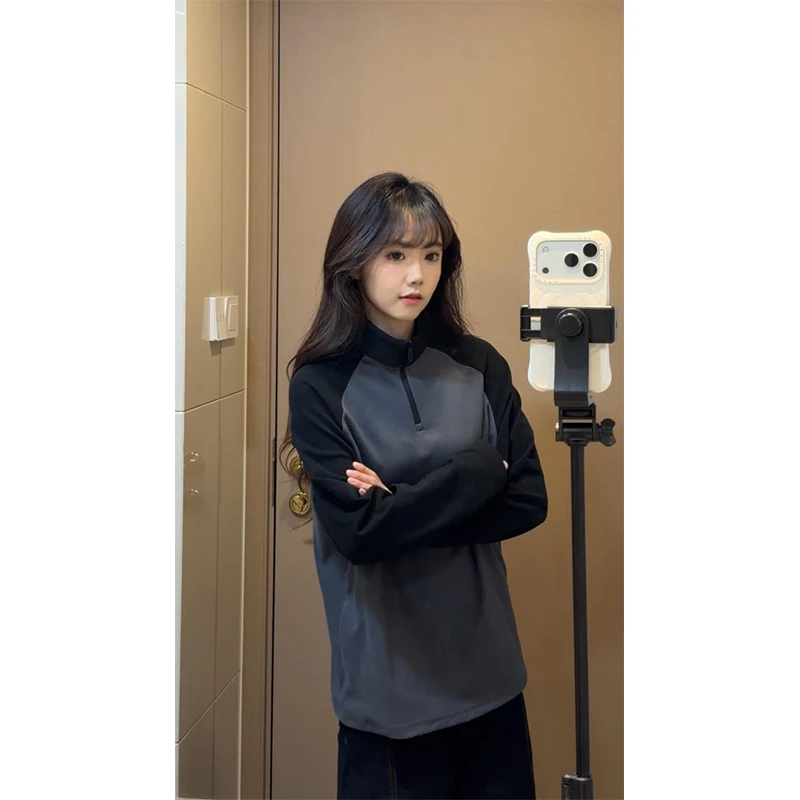 半拉链德绒t恤男款秋冬季长袖纯色保暖卫衣设计感美式重磅打底衫