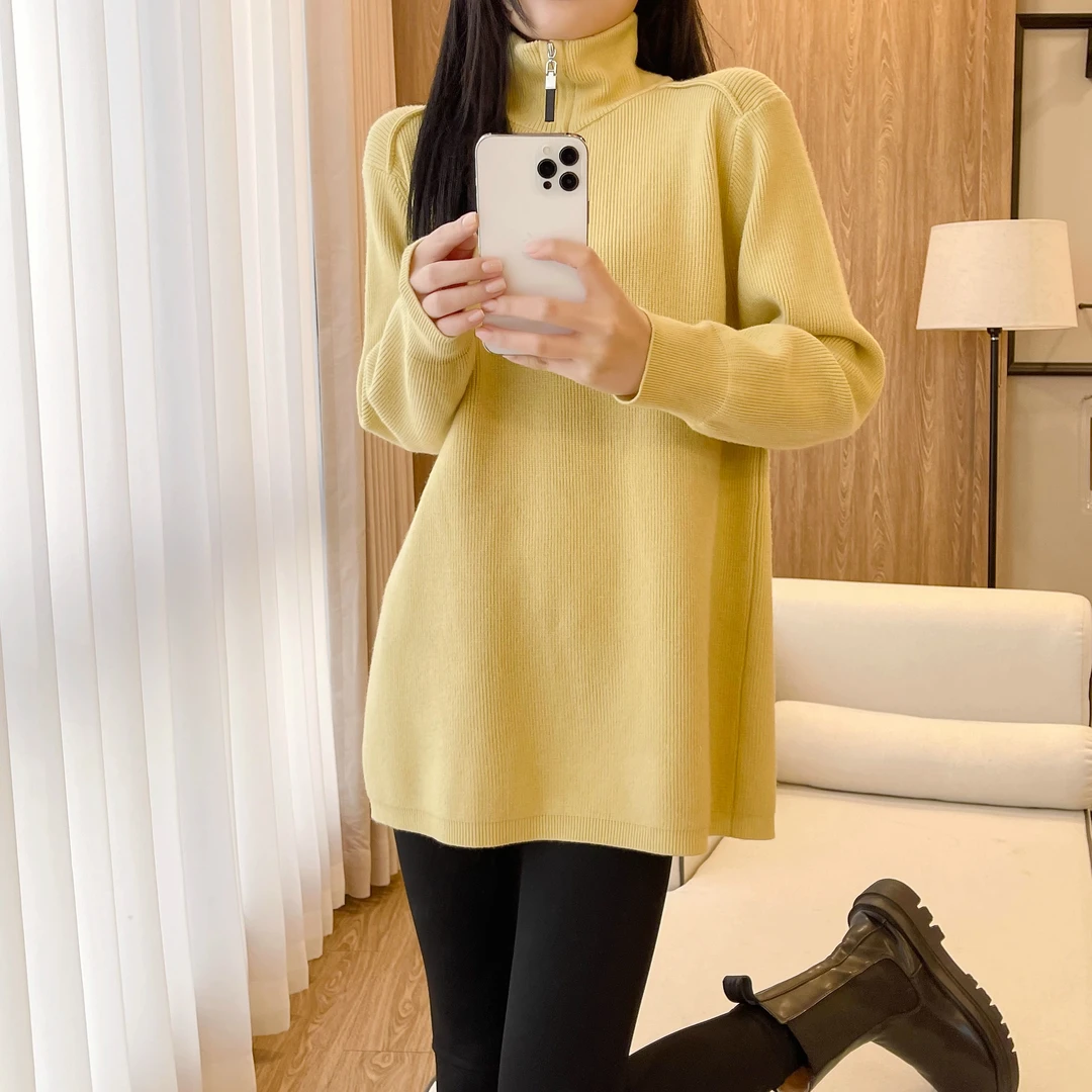 秋冬装新款半拉链高领毛衣女宽松中长款遮屁股内搭针织上衣打底衫