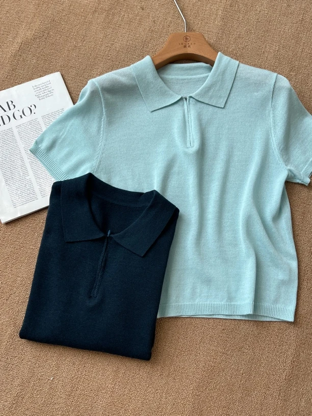【疏疏优选】  春夏百搭翻领POLO拉链短袖针织上衣