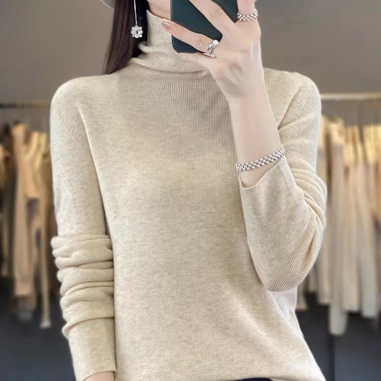安迪绒一线堆堆领修身抽条针织打底衫女