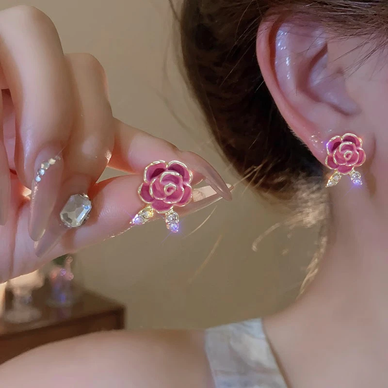 锌合金耳饰 「细嗅蔷薇」法式复古粉色蔷薇珐琅花朵耳钉森系耳环