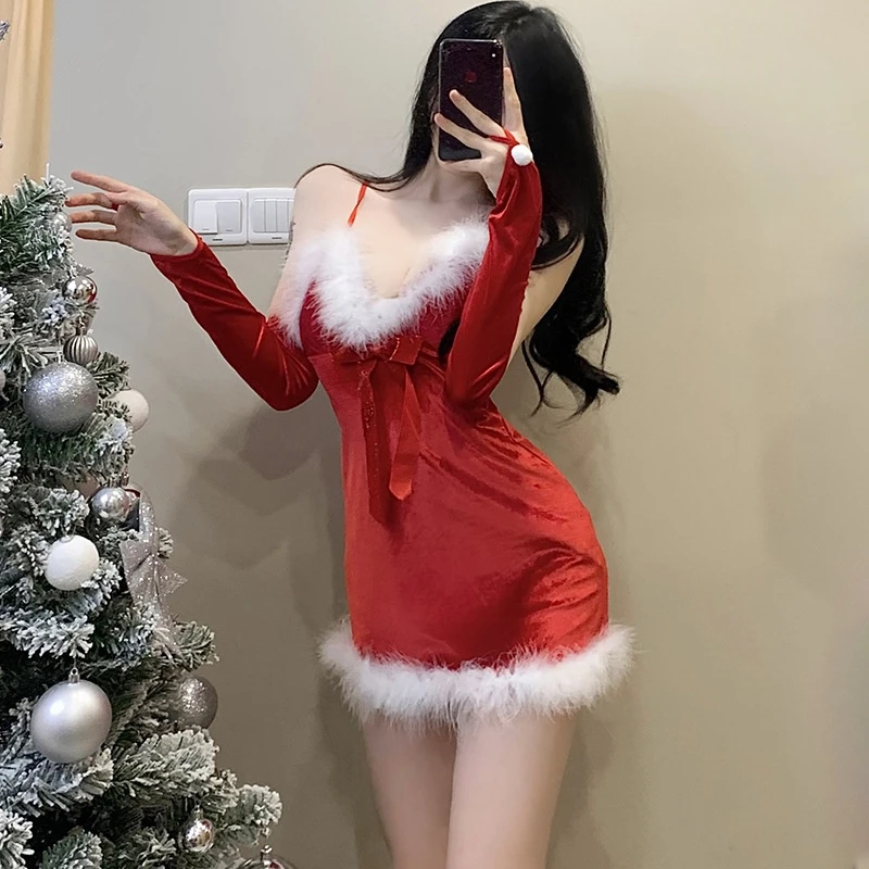 圣诞红色修身可爱睡衣睡裙