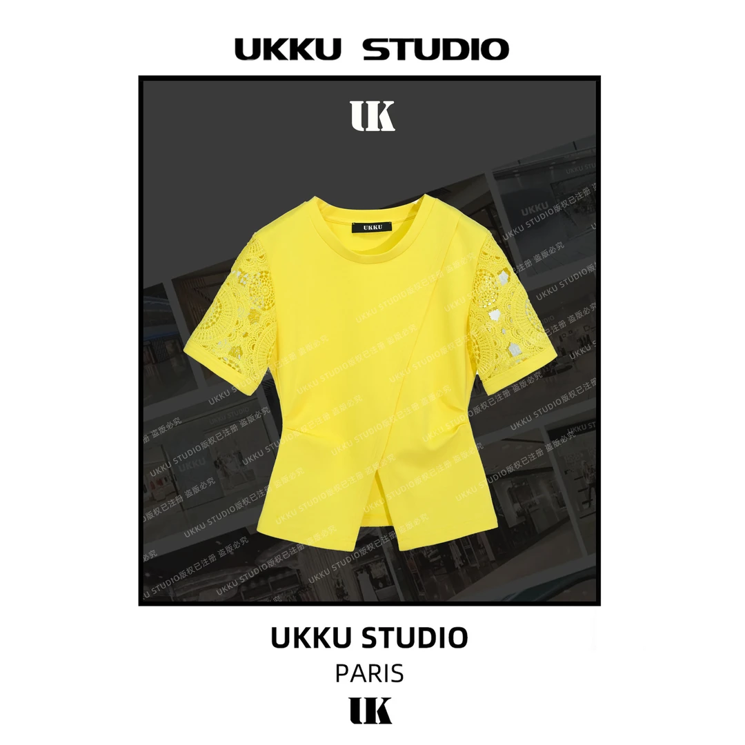 【UKKUSTUDIO】高级感镂空开叉正肩短袖T恤女新款圆领上衣 613701