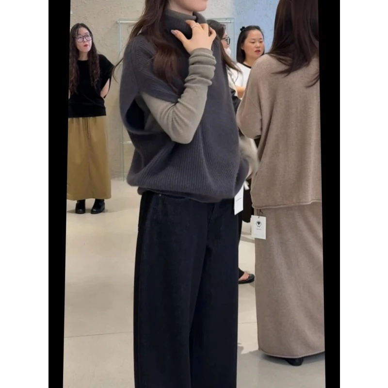 MARIE.COCO秋冬新款美式复古半高领无袖针织马甲背心打底衫阔腿裤