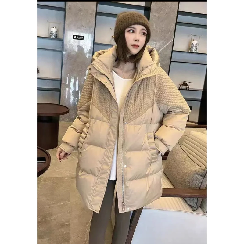 连帽中长款羽绒服女冬季针织拼接加厚Y752
