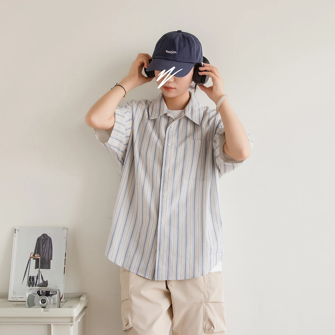 苏打汽水工作室夏季男女款蓝色条纹衬衫日系青春时尚休闲短袖衬衣