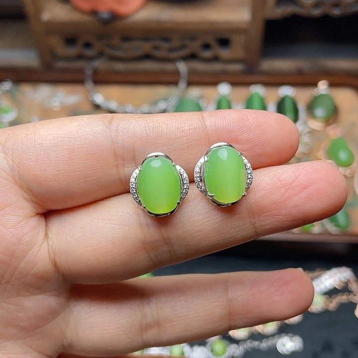 和田玉（碧玉）银S925镶嵌吊坠(不含链)耳钉