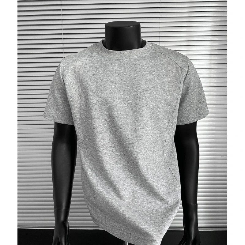 太空棉空气层正肩短袖男美式休闲复古小领口螺纹拼接T恤休闲体恤