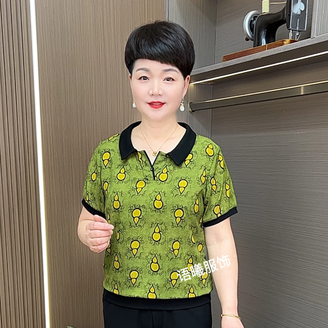 薄款常规款翻领休闲风中老年女装女装休闲夏装短袖F8919