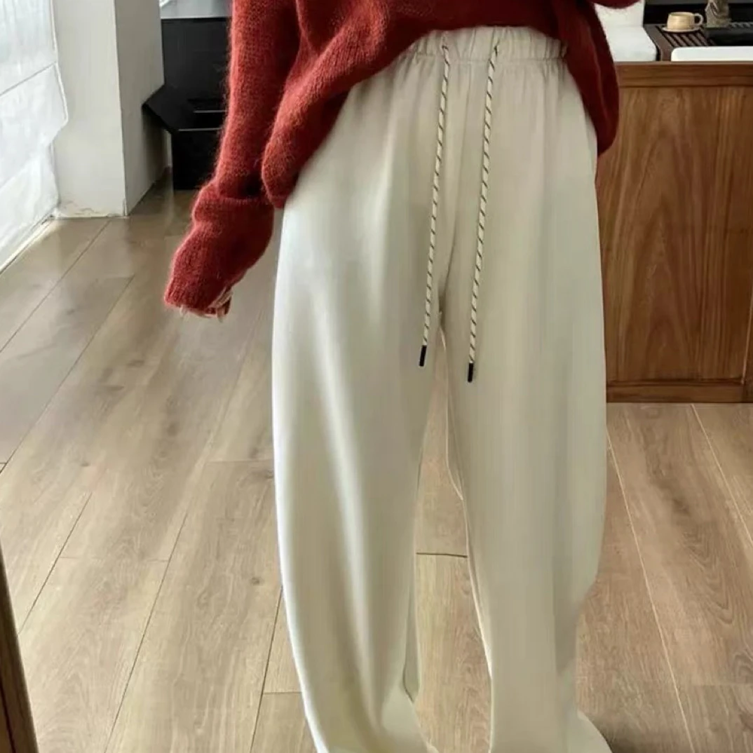 抽绳系带糯米绒加绒阔腿裤女秋冬款垂感显瘦直筒休闲裤