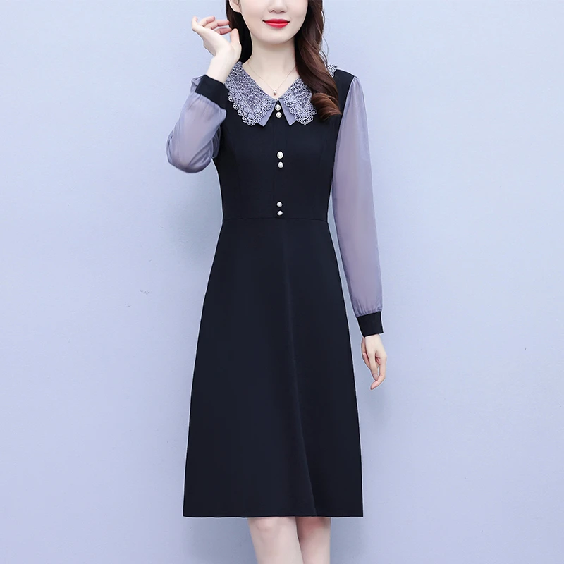 拼接纯色法式连衣裙背心长裙雪纺修身春秋欧若假日风连衣裙