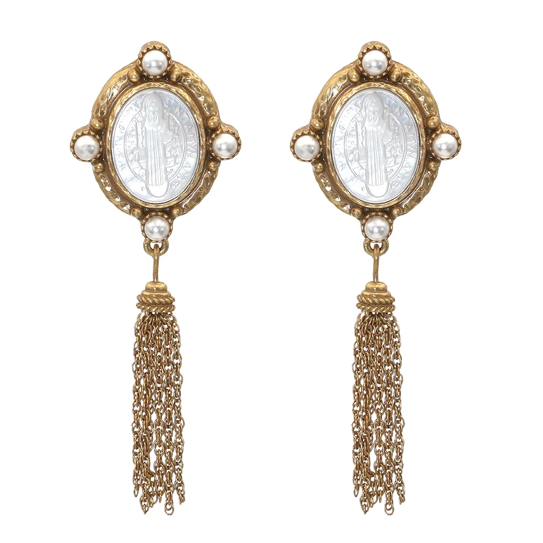 合金仿珍珠耳饰 【中古姐妹推荐】金曜椭圆浮雕簇拥流苏耳环22257