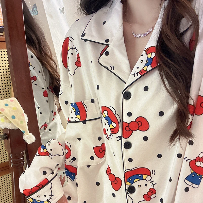 德绒游泳圈Kitty睡衣女士秋冬季长袖长裤开衫保暖加厚家居服套装