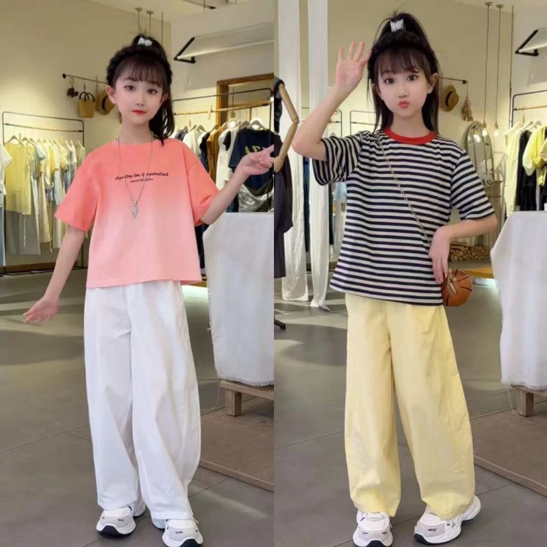 （送运费xian)2025渐变色T恤夏季薄款宽松透气亲肤童装弯刀裤套装