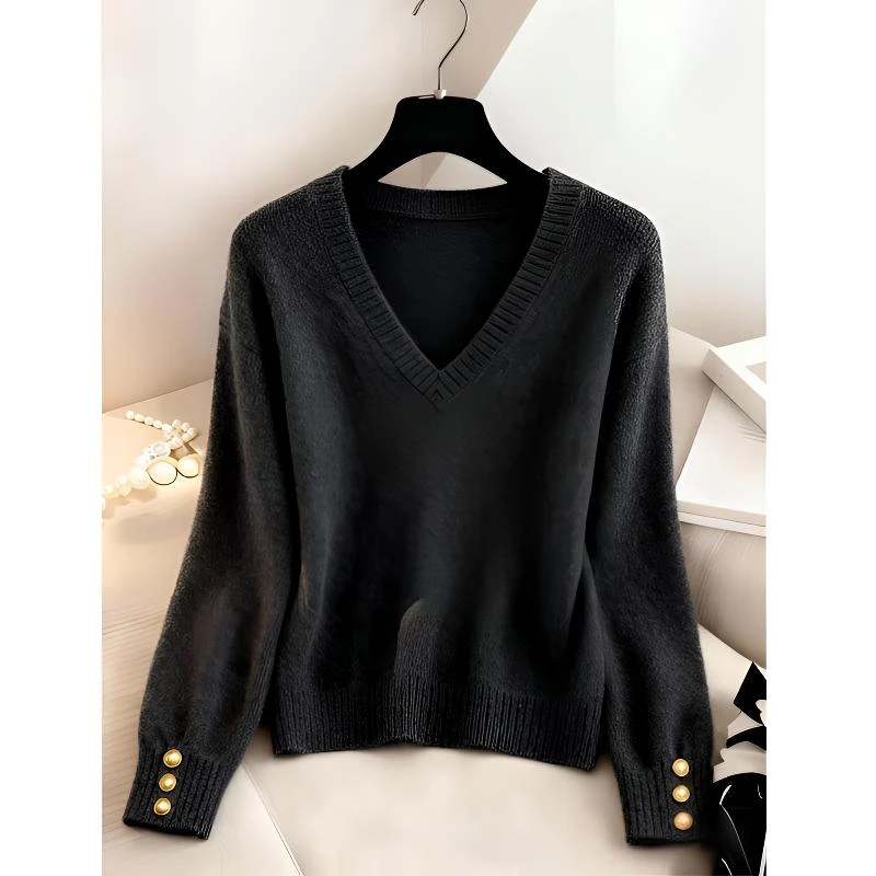 小香风纯色针织上衣女2025秋冬季新款韩版慵懒高级感套头V领毛衣