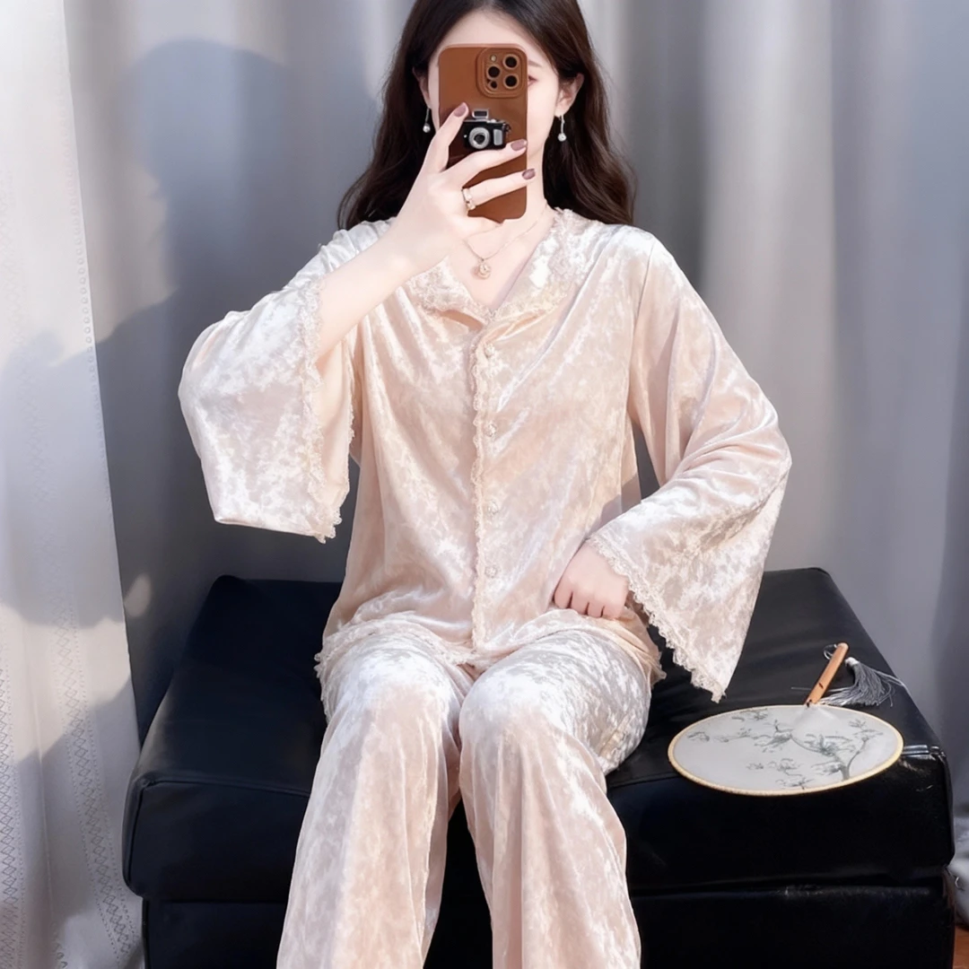 tpvl轻奢法式钻石丝绒睡衣女甜美花边秋冬家居服长袖套装2025新款