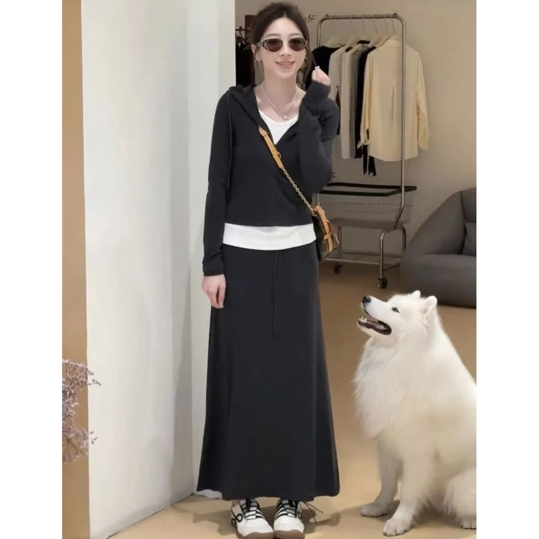 韩系慵懒风气质时尚套装女2025秋季新款假两件上衣搭半身裙两件套