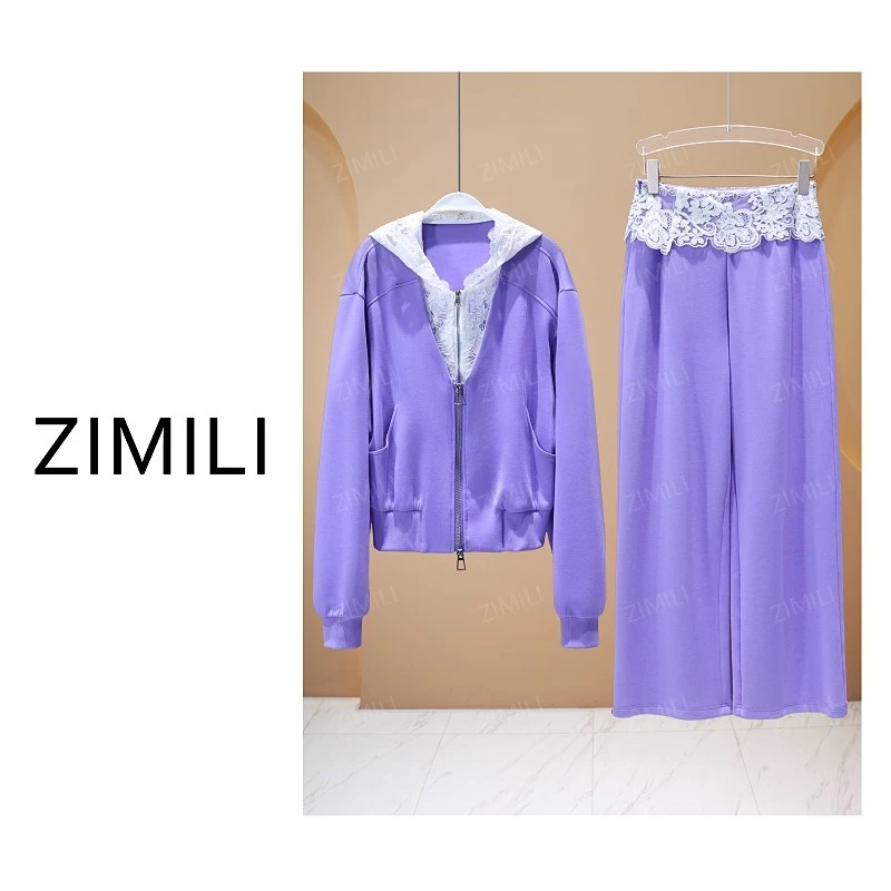 【亮哥女装】2025秋冬新品《紫水仙》胭脂紫蕾丝拼接连帽套装6691-K9