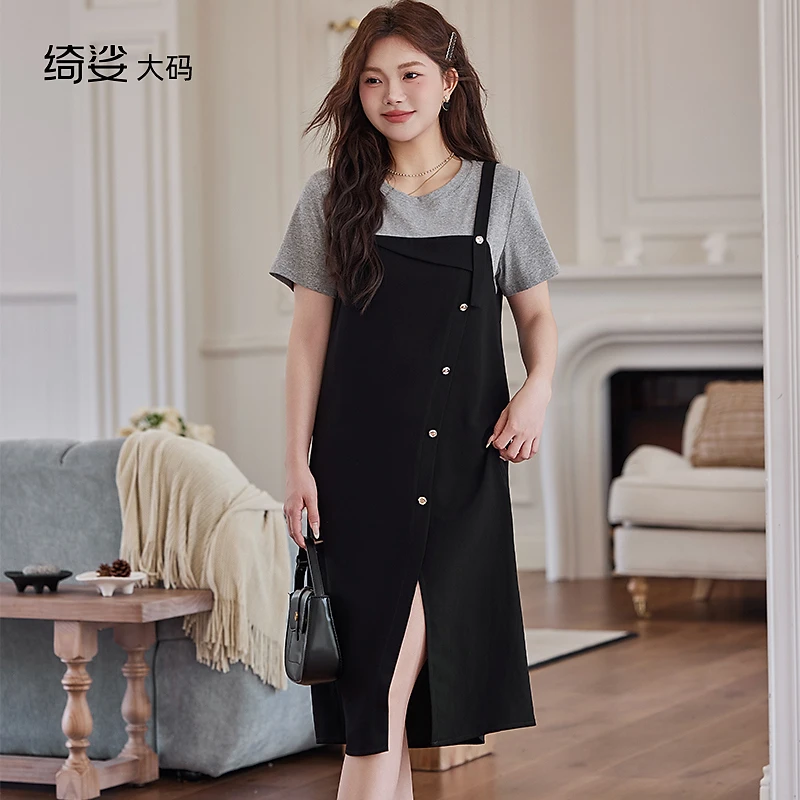 绮娑大码女装2025夏装新款显瘦胖妹妹连衣裙拼接假两件开衩直筒裙