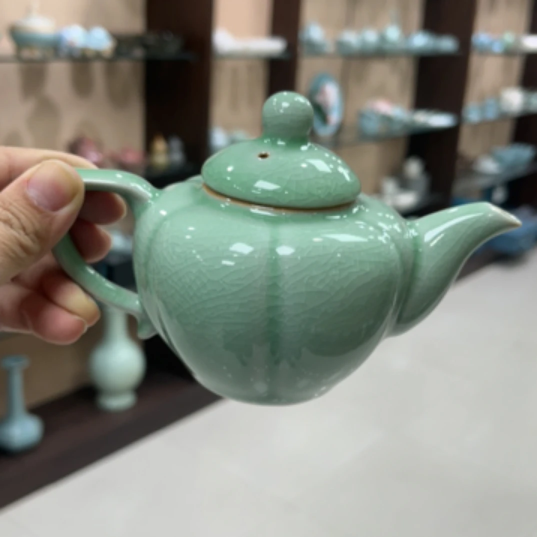 W瑕原矿汝瓷豆绿色南瓜壶
